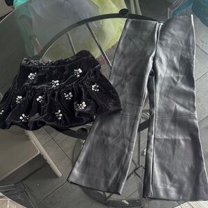Zara leather Black pants Kids Bottoms Set with Floral Embellishments skirt